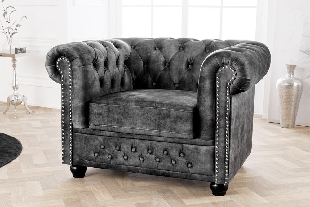 Barocker Sessel CHESTERFIELD grau Samt Federkern mit Knopfheftung