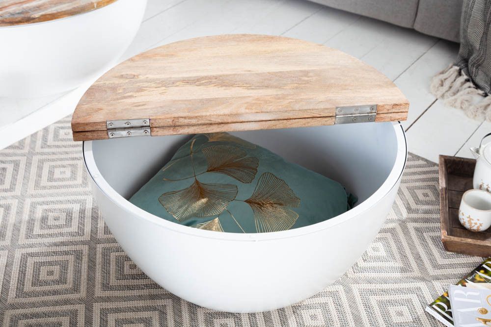 Runder Couchtisch INDUSTRIAL STORAGE 60cm weiß natur Mangoholz mit Stauraum handmade