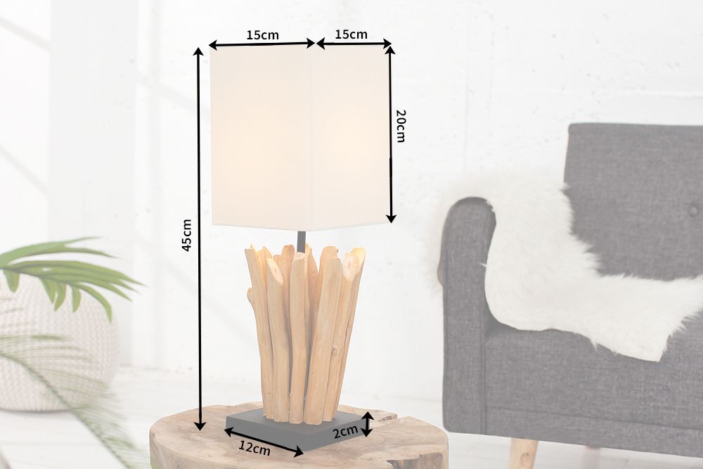 Handgearbeitete Treibholz Tischleuchte EUPHORIA 45cm beige mit Leinenschirm