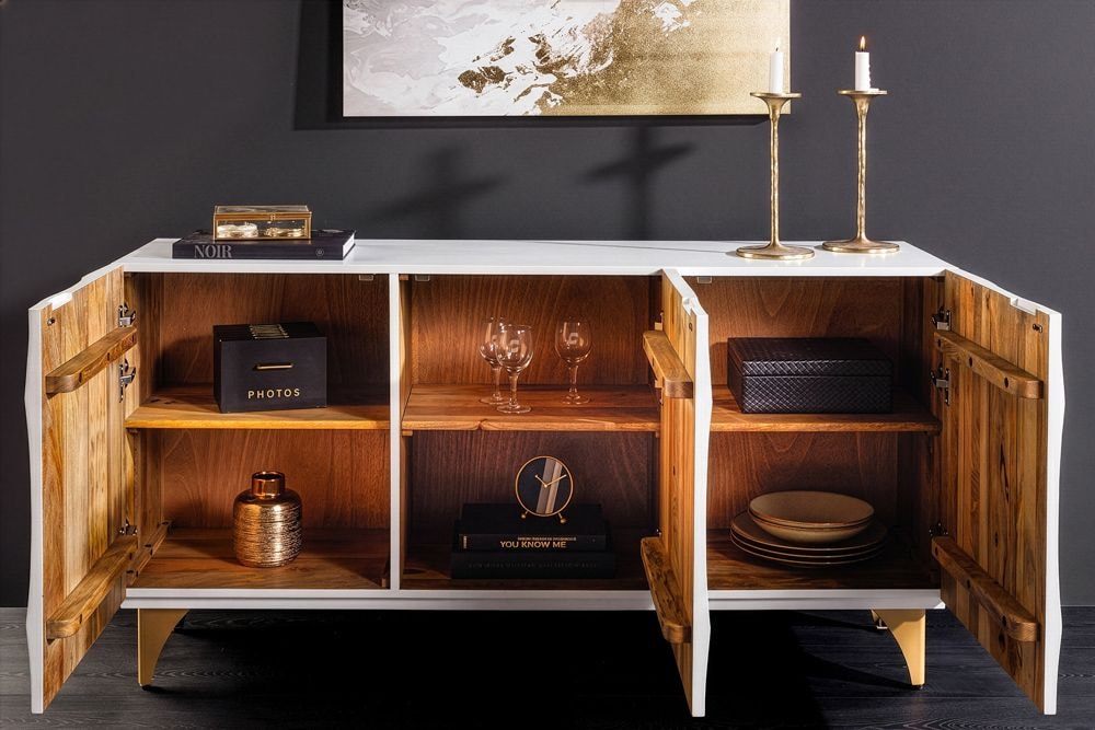 Handgearbeitetes Sideboard GOLDEN SUNSET 140cm weiß mit 3D Schnitzereien gold Mangoholz Metallbeine