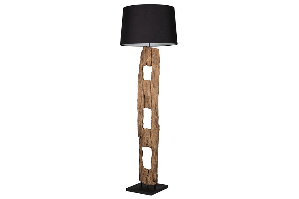 Massive Stehlampe BARRACUDA 177cm natur Akazie Baumwollschirm schwarz Baumstamm