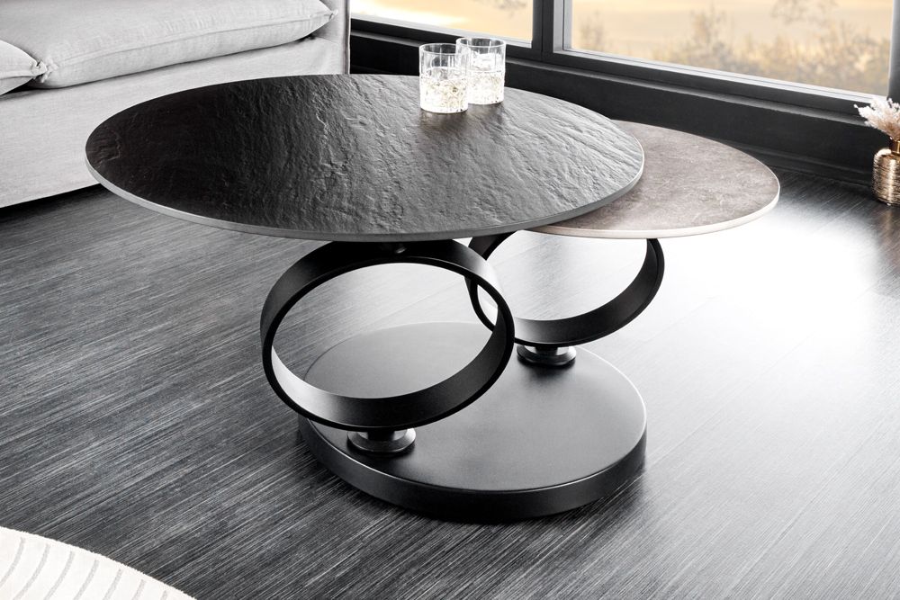 Design Couchtisch DANCING RINGS schwarz grau rund drehbar Keramik Metall