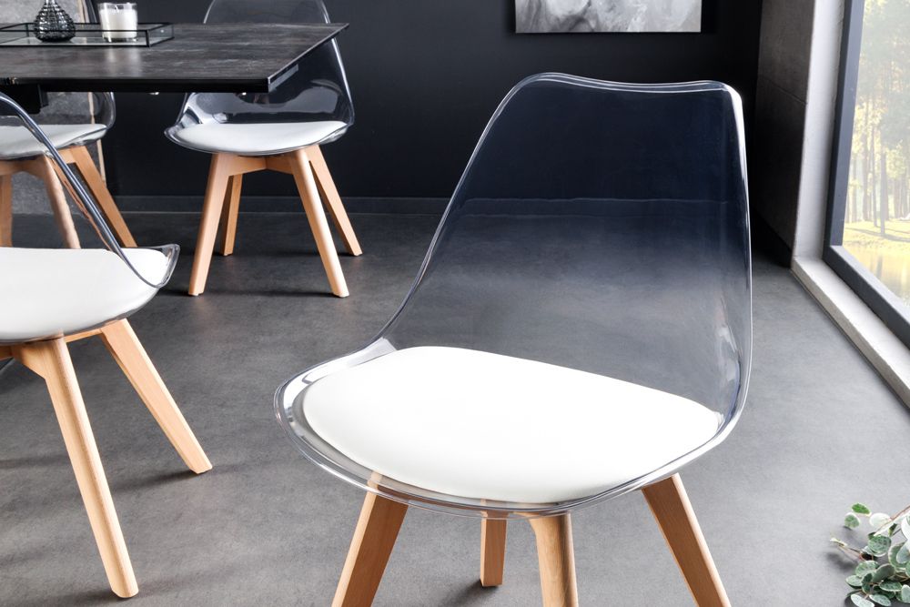 Design Stuhl SCANDINAVIA MEISTERSTÜCK transparent weiß Kunststoff Buchenholz natur