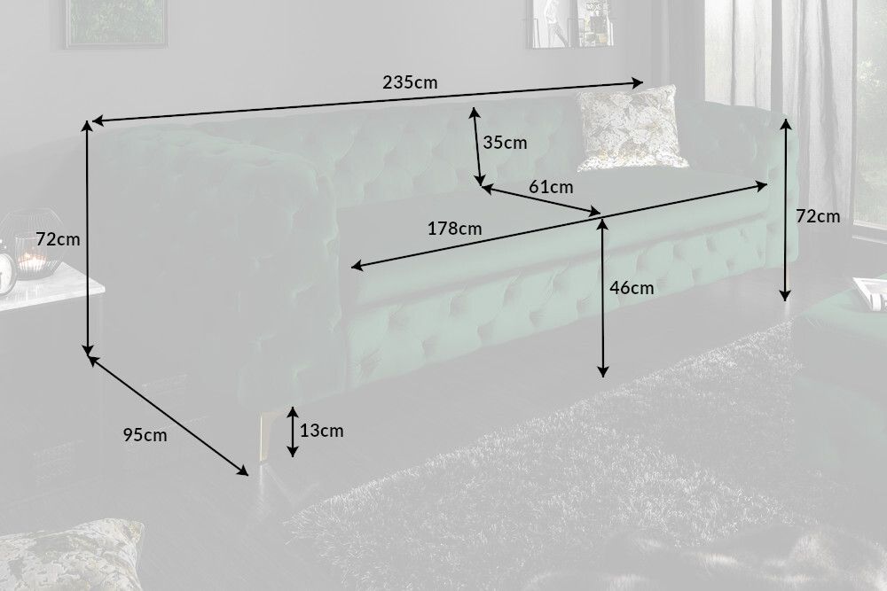 Chesterfield 3-Sitzer Sofa MODERN BAROCK 235cm smaragdgrün Samt Federkern gold Metallfüße