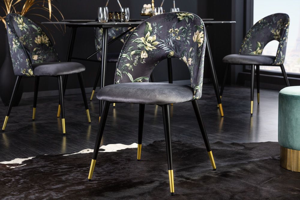 Design Stuhl PRÊT-À-PORTER grau Samt florales Muster und goldene Fußkappen