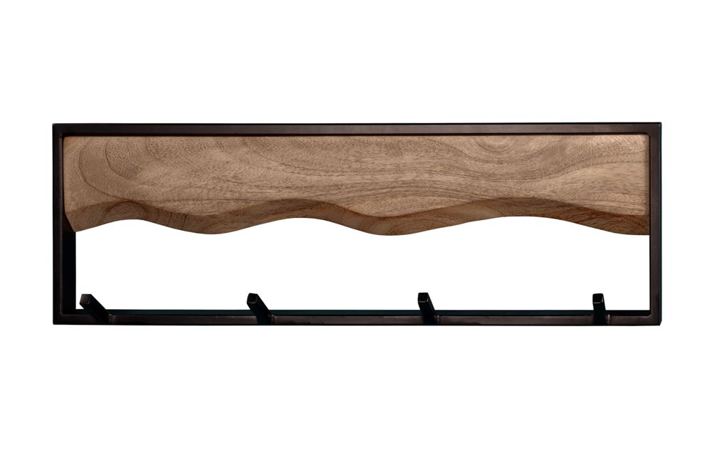 Massive Wandgarderobe AMAZONAS 60cm Mangoholz Metall schwarz mit 4 Kleiderhaken