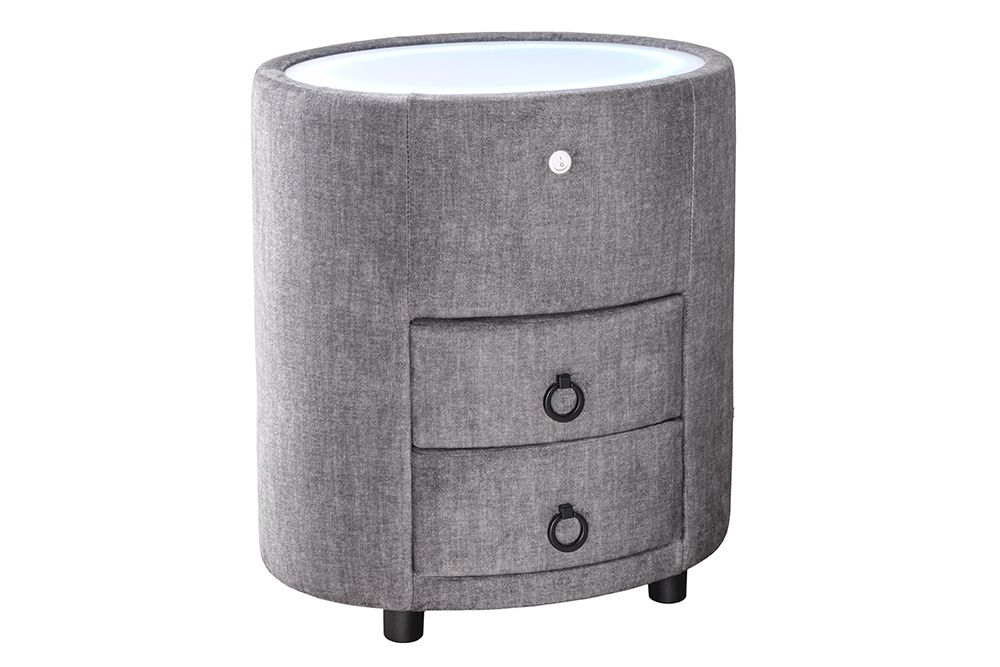 Nachttisch SIGNUM 55cm oval grau Vogue Seiden Samtstoff inkl. Beleuchtung Schubladen