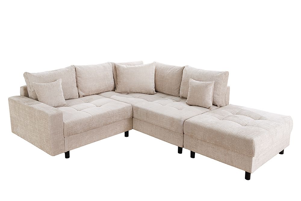 Modernes Ecksofa KENT 220cm champagner beige Chenille Cremona Federkern Wohnlandschaft mit Hocker