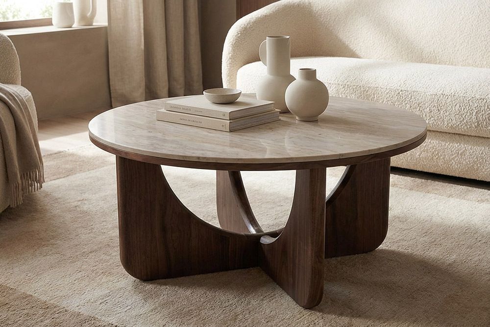 Runder Couchtisch ENSO 80cm champagner greige Travertin Keramik Walnussholz