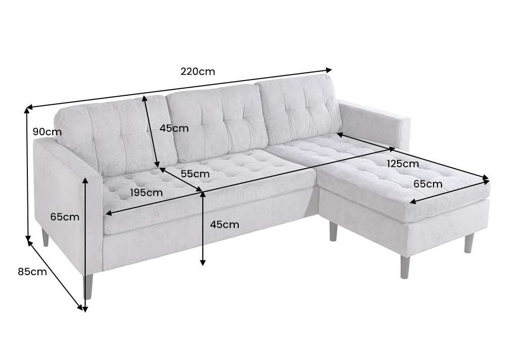 Modernes Ecksofa STOCKHOLM 220cm hellgrau Cordstoff Federkern 3-Sitzer-Sofa