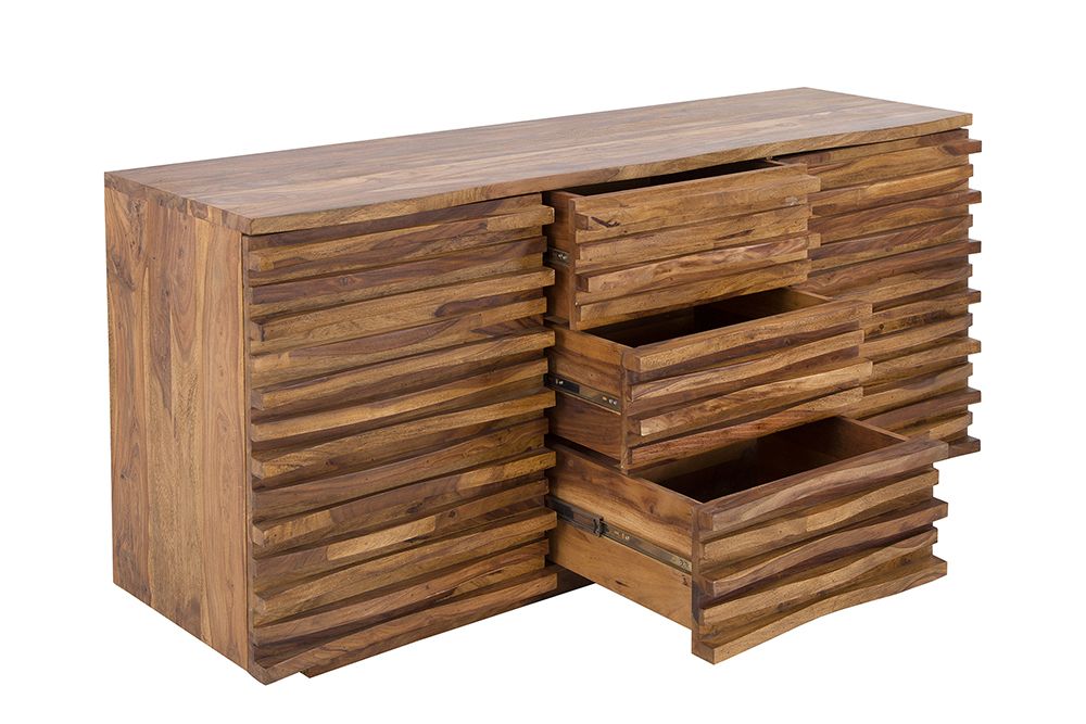 Massivholz Sideboard RELIEF 160cm braun Sheesham stone finish Kommode mit Schubladen