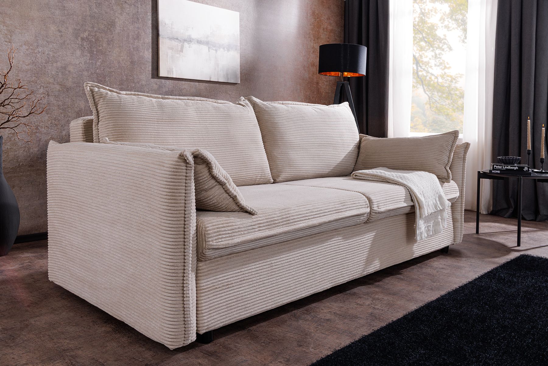 XXL Sofa mit Schlaffunktion APARTMENT beige Cord inkl. Bettkasten und Kissen