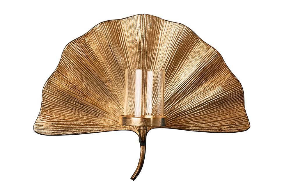 Dekorativer Kerzenhalter GINKGO 44cm gold handmade Metall Wandteelicht