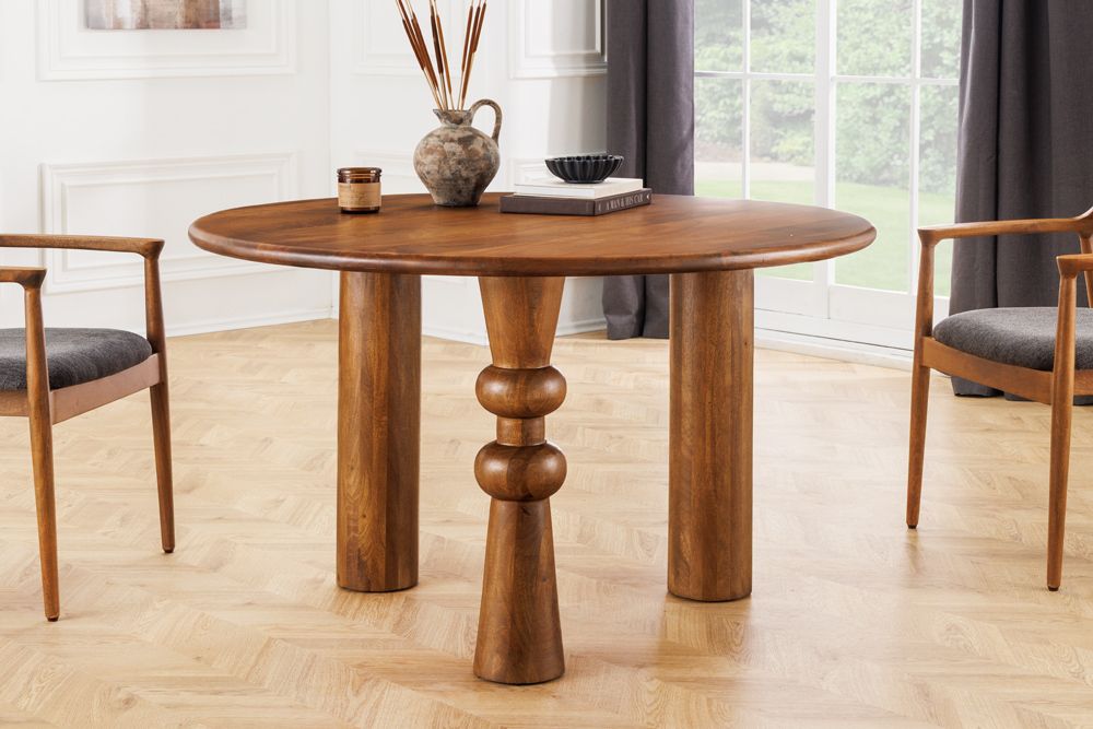 Runder Esstisch ARTE 120cm braun Mangoholz massiv mit markantem Gestell