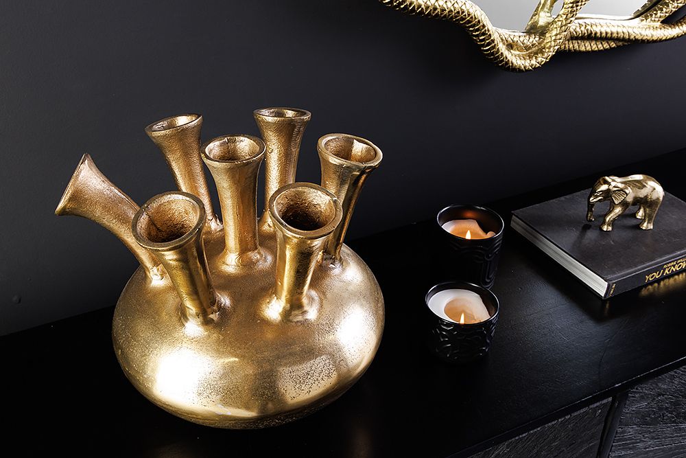 Handgefertigte Vase KIYA 35cm gold mit sieben Öffnungen Blumenvase