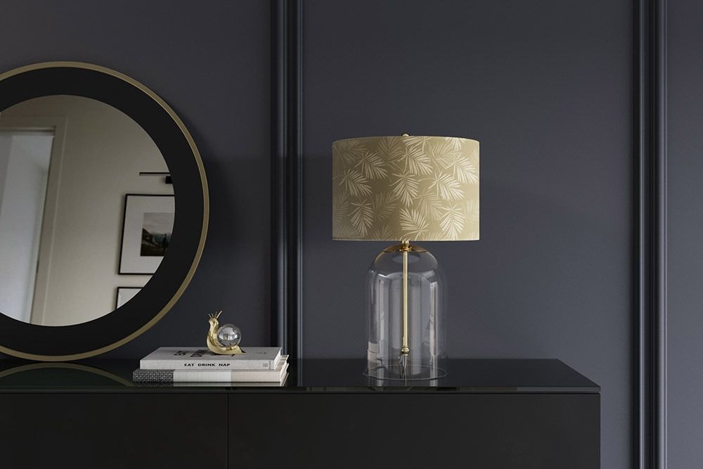 Moderne Tischlampe CLASSICO 50cm transparent Glas weiß gold Leinenschirm