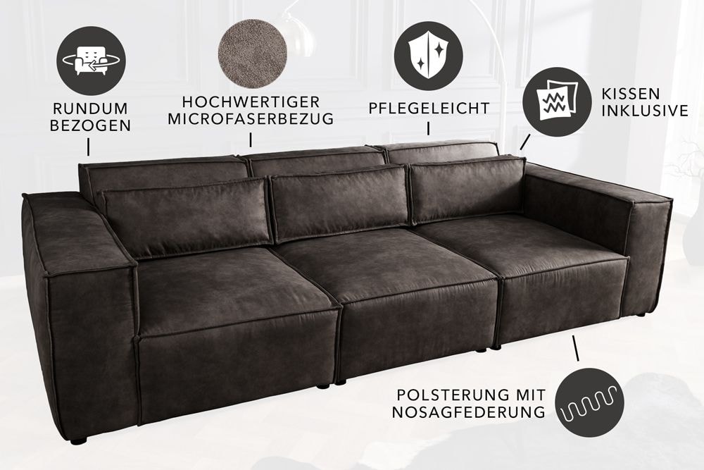 Design 3-Sitzer Sofa BOSSA NOVA 260cm antik dunkelgrau Microfaser Couch Wohnzimmer