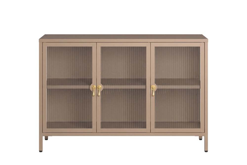 Modernes Sideboard AMSTERDAM 105cm greige gold Vitrine Schrank Riffelglas Metall