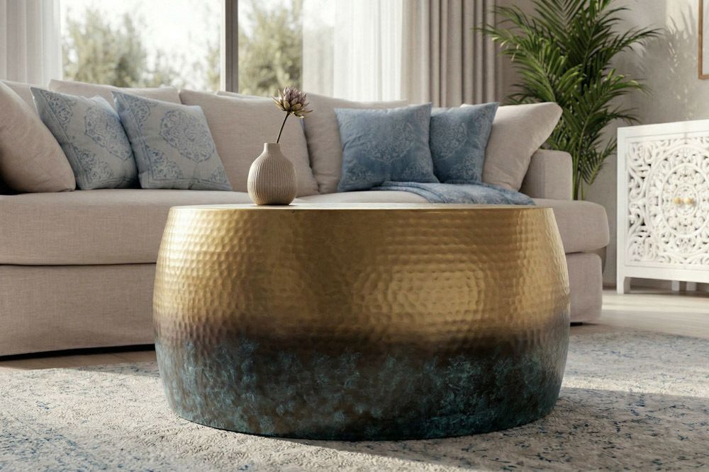 Runder Couchtisch ORIENT III 60cm gold Metall mit Patina Hammerschlag Design handmade