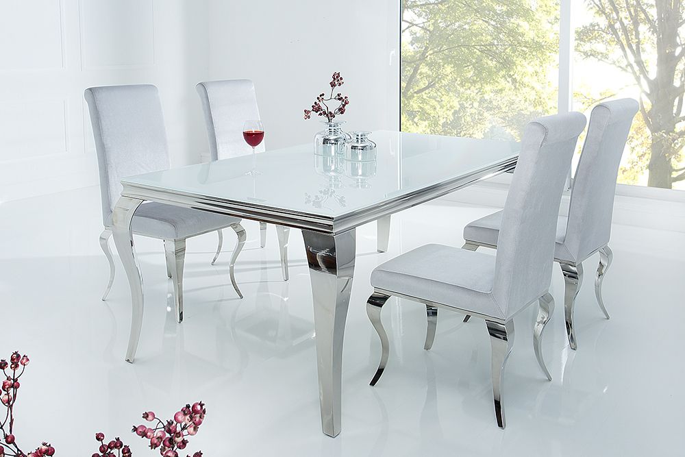 Eleganter Design Esstisch MODERN BAROCK 180cm weiß Opalglas Tischplatte Edelstahl