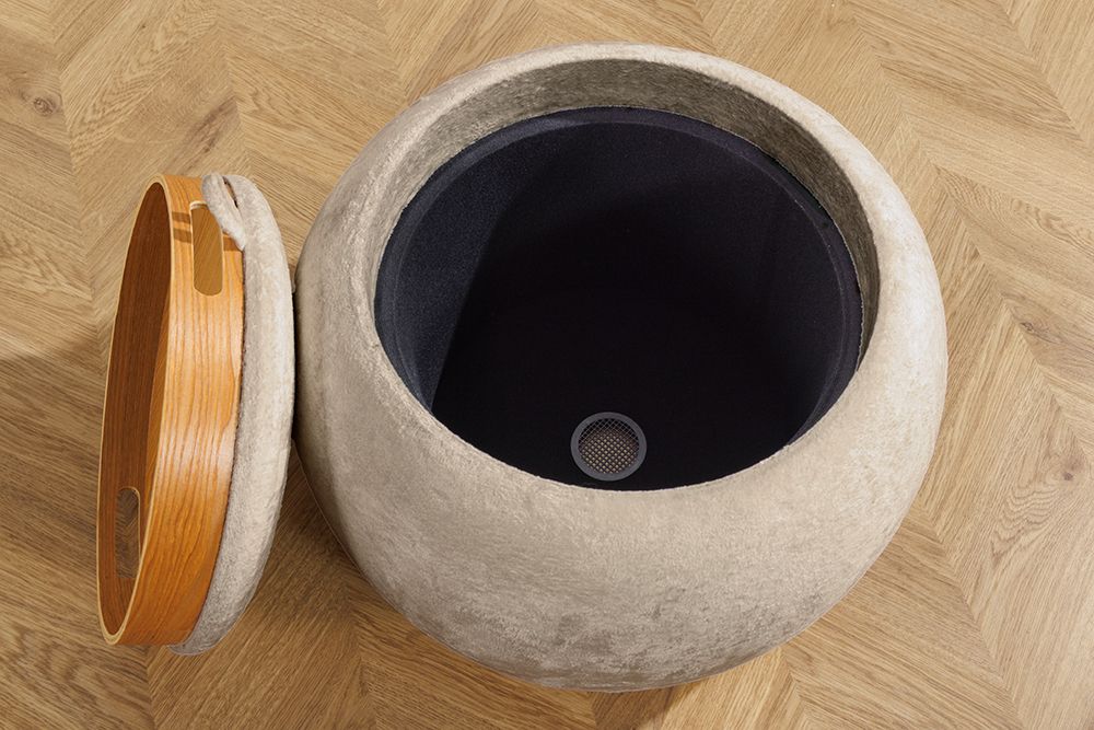 Runder Couchtisch ORBIT 50cm champagner-greige Bouclé Hocker mit Tablett und Stauraum