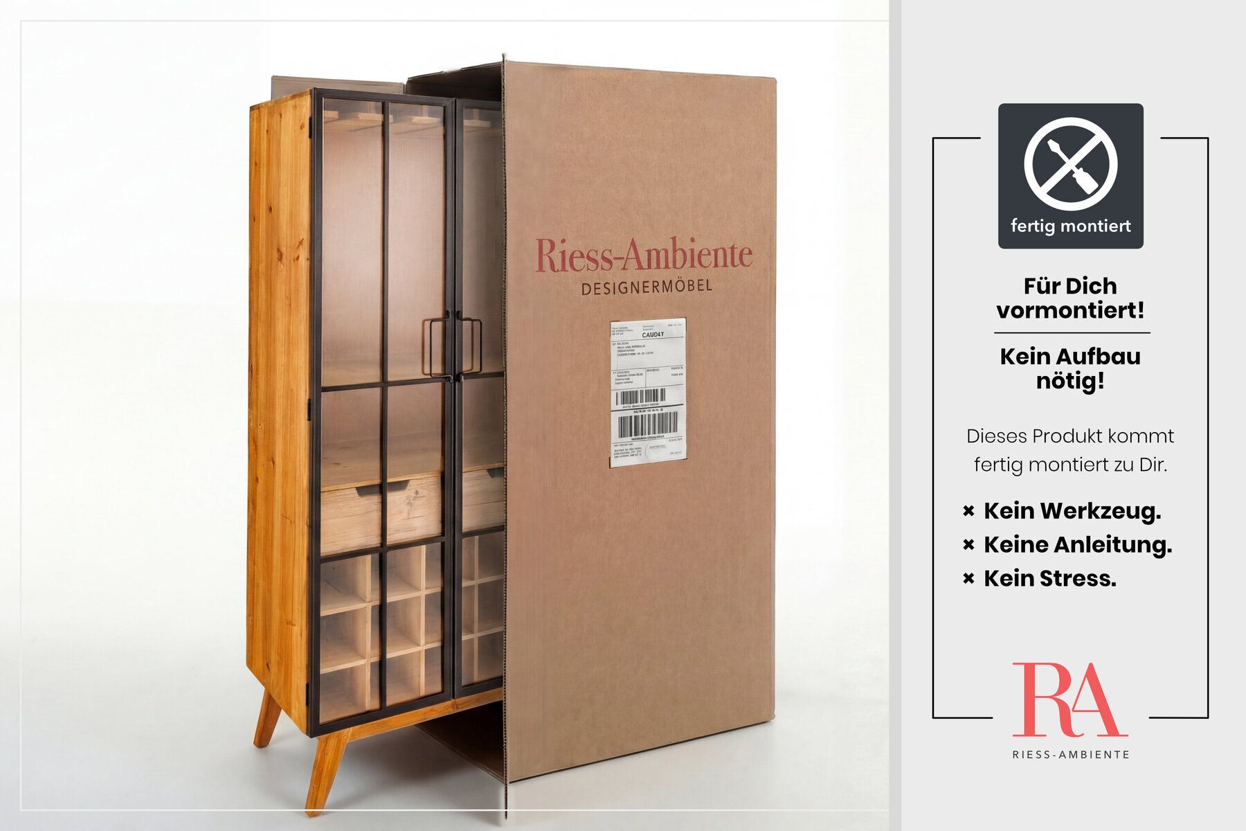 Massive Vitrine SEVEN SEAS 150cm natur Pinie Industrial-Türen Metall Barschrank