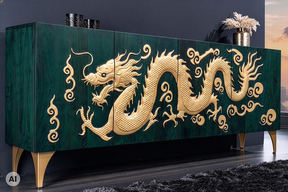 Massives Sideboard DRAGON 180cm türkis gold Mangoholz Metall 3D-Front handmade
