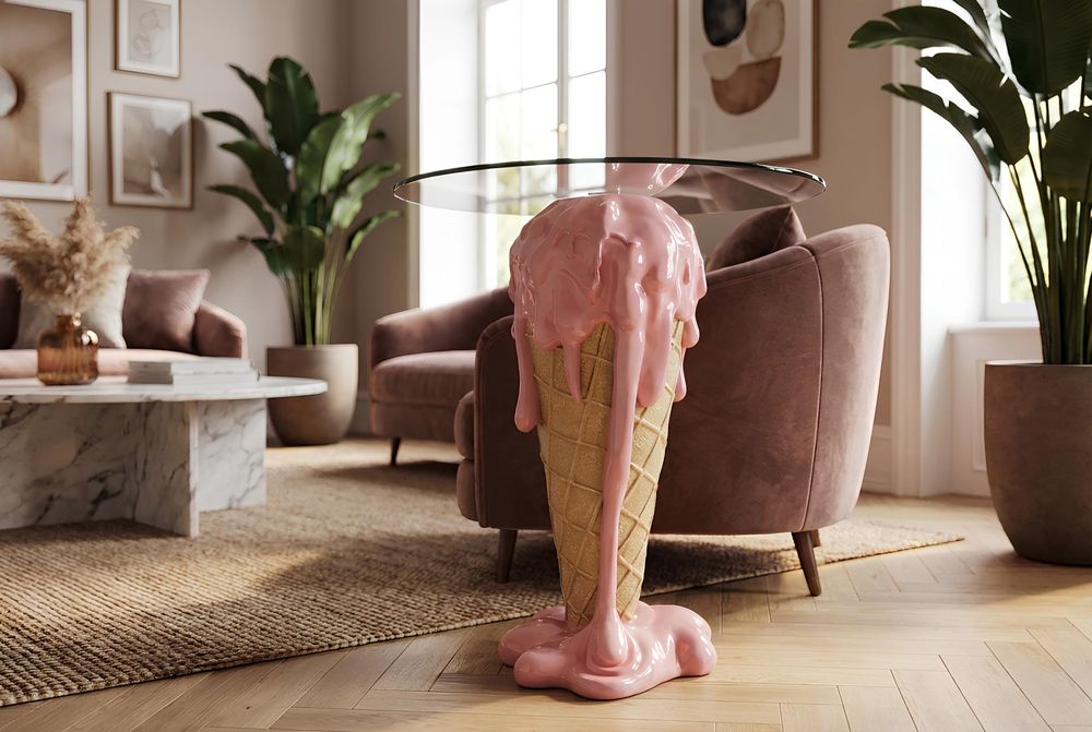 Einzigartiger Bistrotisch ICE CREAM 75cm beige rosa runde Tischplatte Glas handmade
