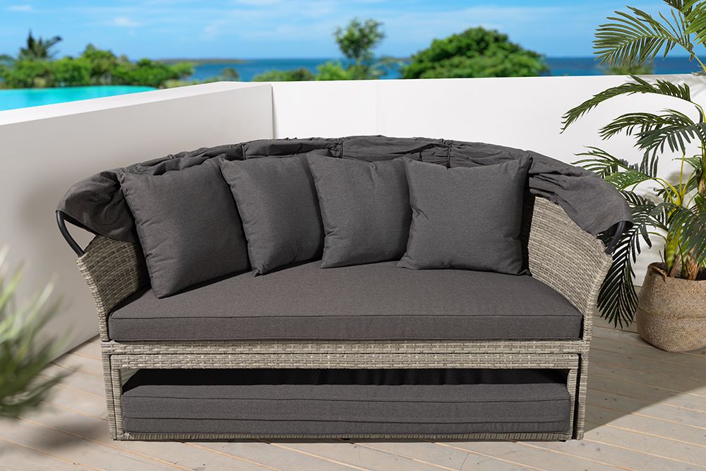 Outdoor Sonneninsel PLAYA LIVING 165cm hellgrau Polyrattan Aluminium inklusive Kissen wetterfest