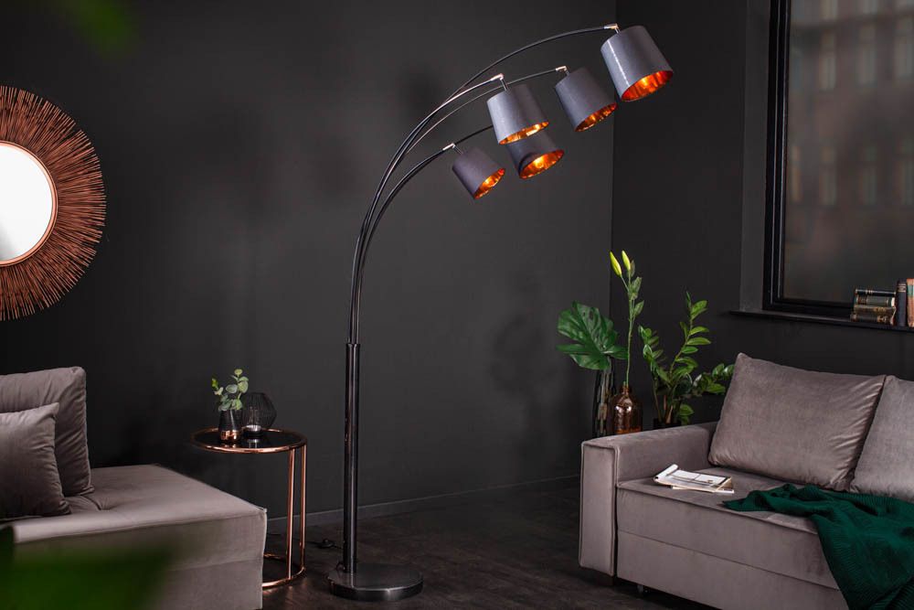 Design Bogenlampe LEVELS 205cm schwarz gold 5 neigbare Leinenschirme Stehlampe