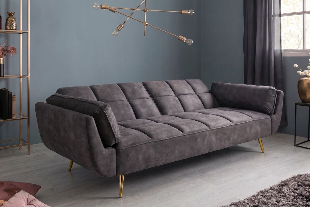 Retro Schlafsofa BOUTIQUE 215cm dunkelgrau Samt 3-Sitzer mit goldenen Füßen