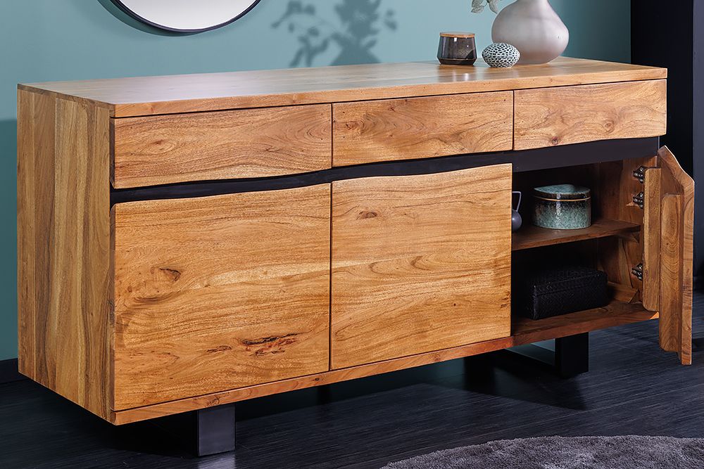 Massivholz Sideboard MAMMUT 160cm Akazie honey finish Metall Baumkante mit Schubladen