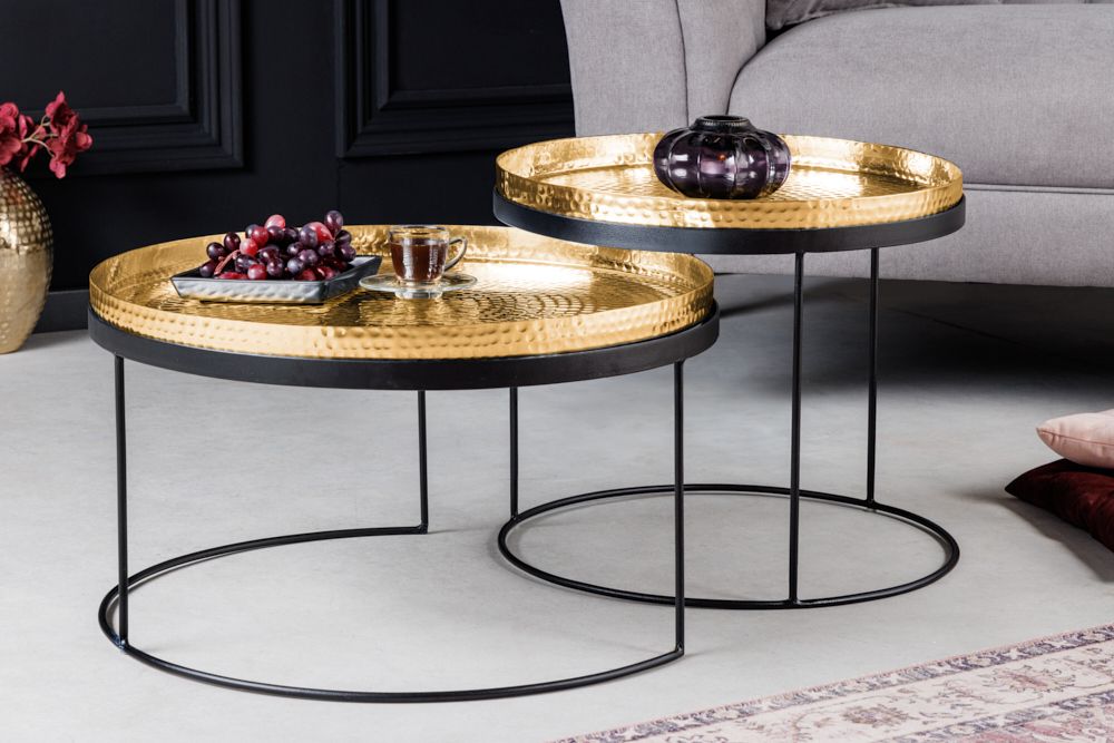 2er Set Runde Couchtische ELEMENTS 60cm gold schwarz Metall Tabletttisch Beistelltisch handmade
