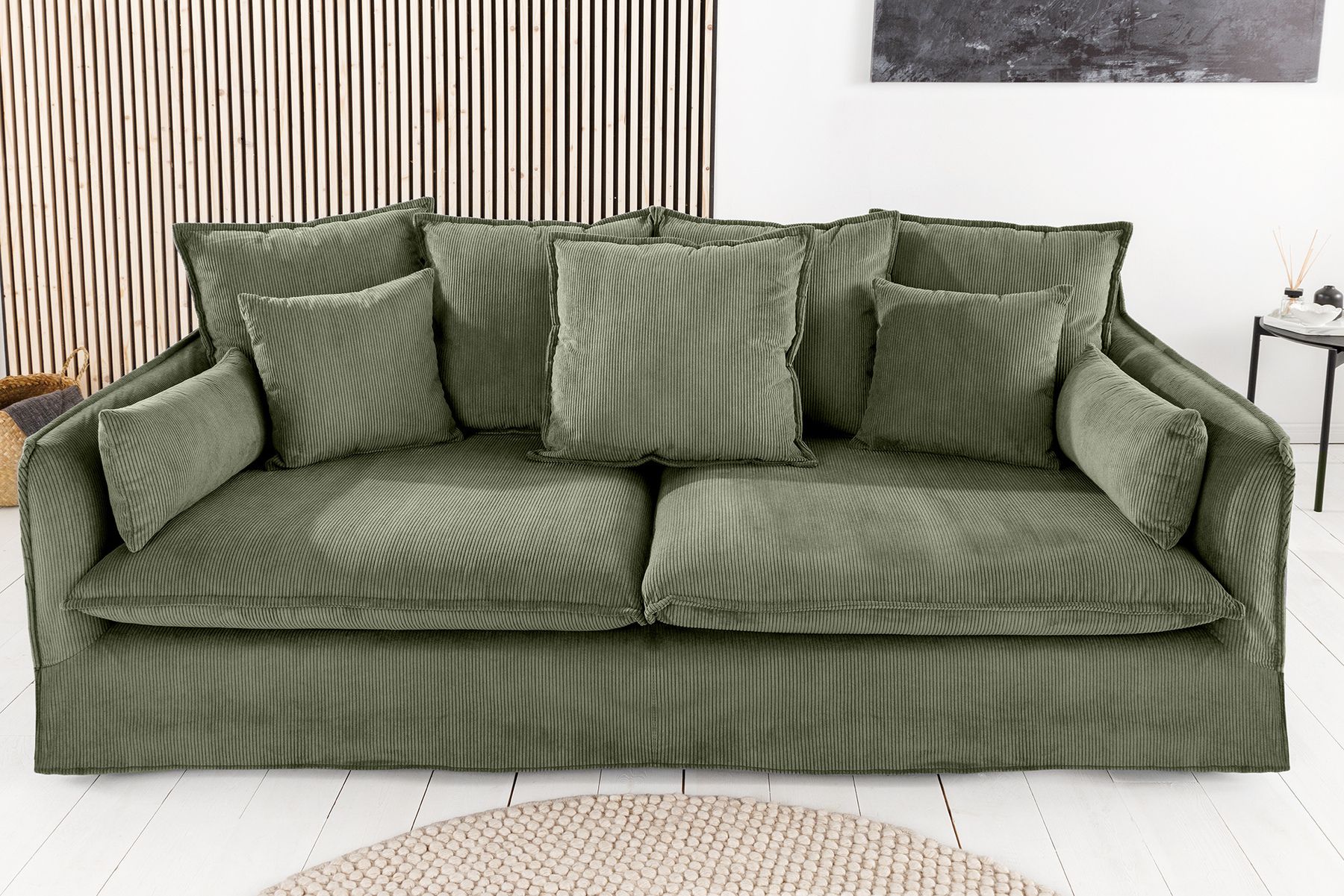 Großes 3-Sitzer Sofa HEAVEN 200cm grün Cord Federkern Hussensofa
