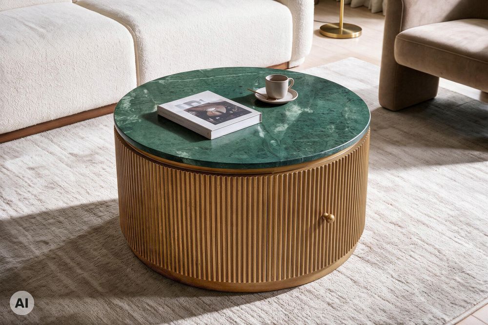 Runder Couchtisch COFFEE TABLE VENEZIANO 70cm messing grün Mangoholz Marmor Schublade