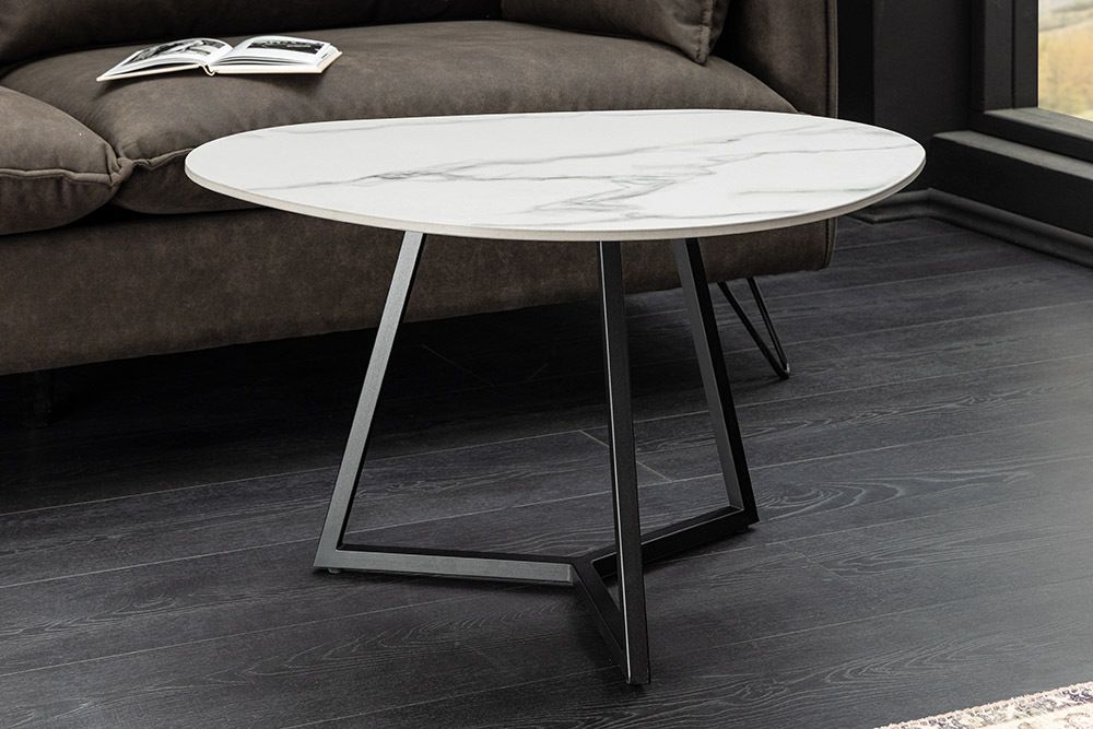 Design Couchtisch MARVELOUS 70cm weiß Marmor Keramik schwarzes Metall