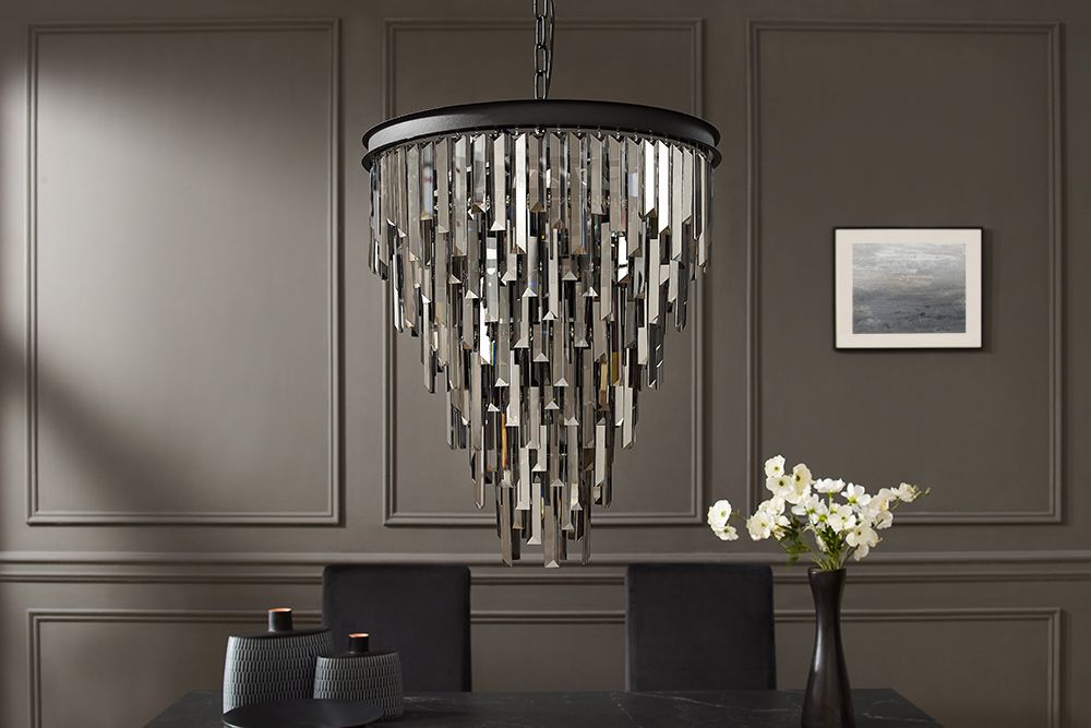 Luxus Kronleuchter KRISTALL 50cm grau mit Glasprismen schwarz Eisen Hängelampe