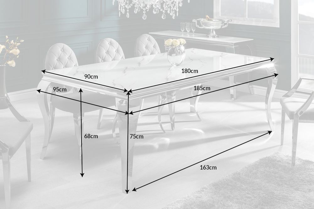 Design Esstisch MODERN BAROCK 180cm weiß chrom Glasplatte Marmor Edelstahlbeine