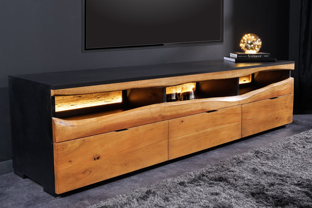 Massivholz TV-Lowboard GRAND ACACIA 180cm braun Akazie mit LED-Beleuchtung Baumkante