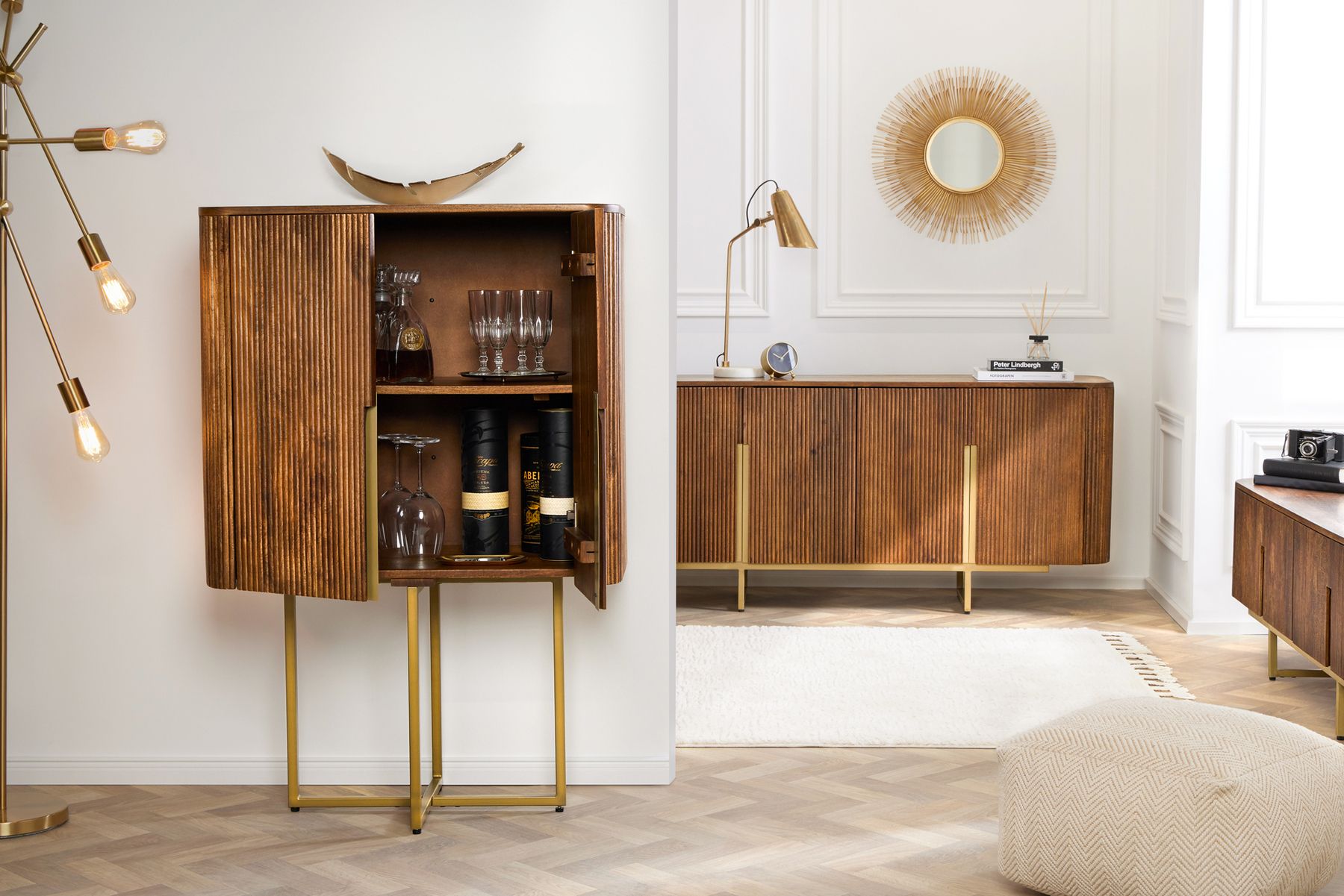Design Sideboard GATSBY 160cm braun mattgold Mangoholz Retro