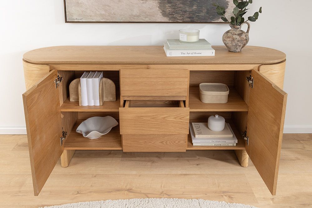 Modernes Sideboard OAK GRAIN 160cm natur Eichenholz vier Fächer mit drei Schubladen