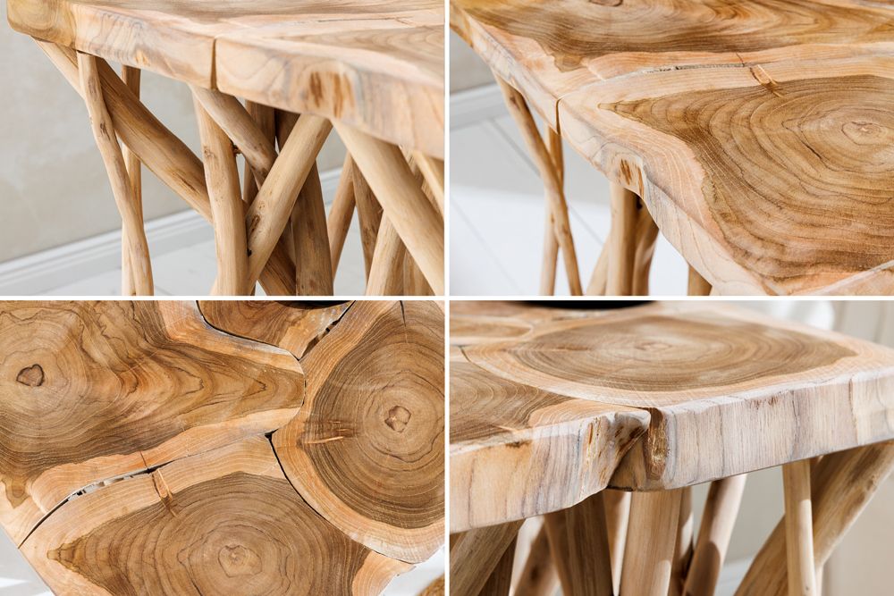 Massivholz Beistelltisch DRIFTWOOD 60cm natur Teak viereckig im Stelzen-Design