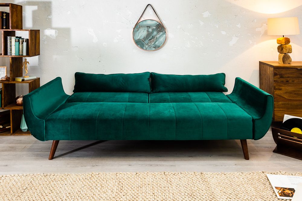 Retro Schlafsofa DIVANI 220cm smaragdgrün Samt 3-Sitzer mit Bettfunktion