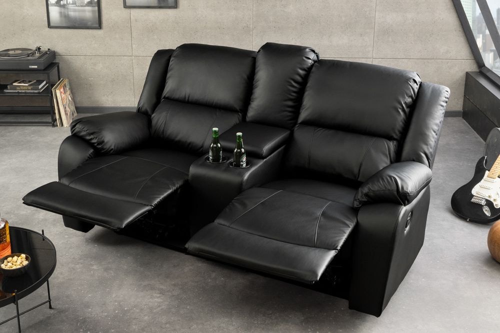 Exklusiver 2er Kinosessel HOLLYWOOD 190cm schwarz mit Liegefunktion und Getränkehalter