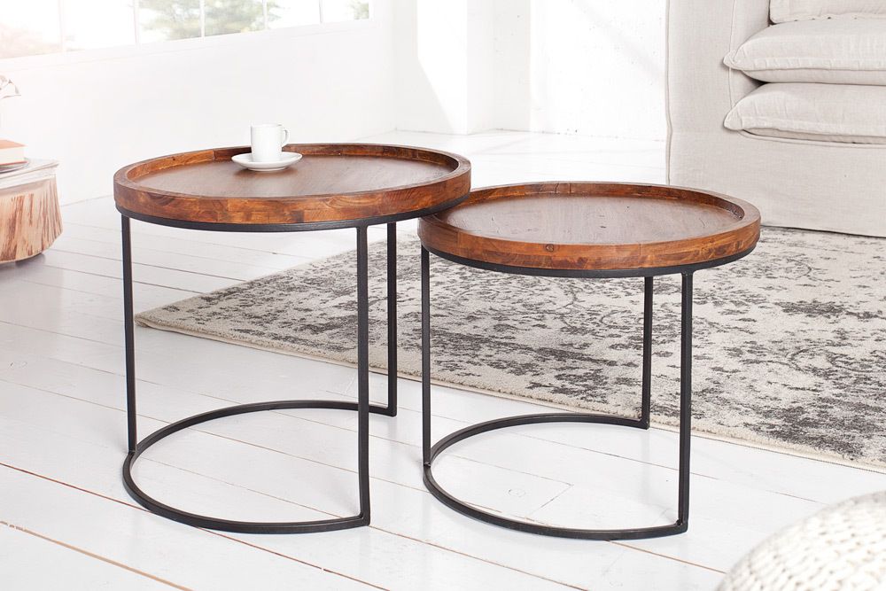Rundes 2er Set Beistelltische ELEMENTS 55cm Akazie stone finish Metall schwarz