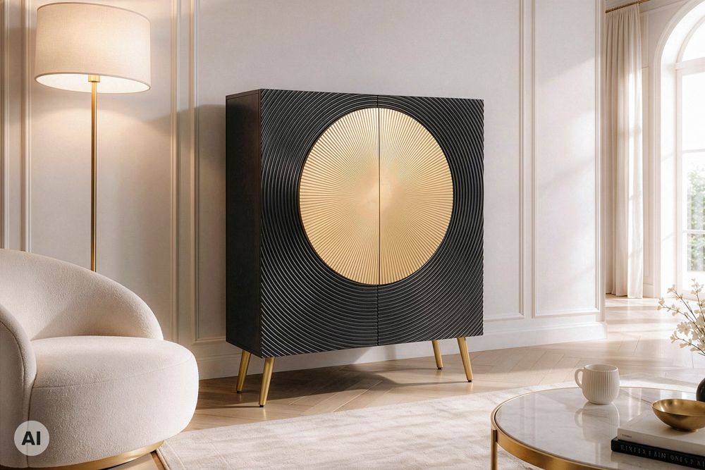 Massives Highboard AURUM 120cm schwarz Mangoholz mit ikonischem Gold-Element