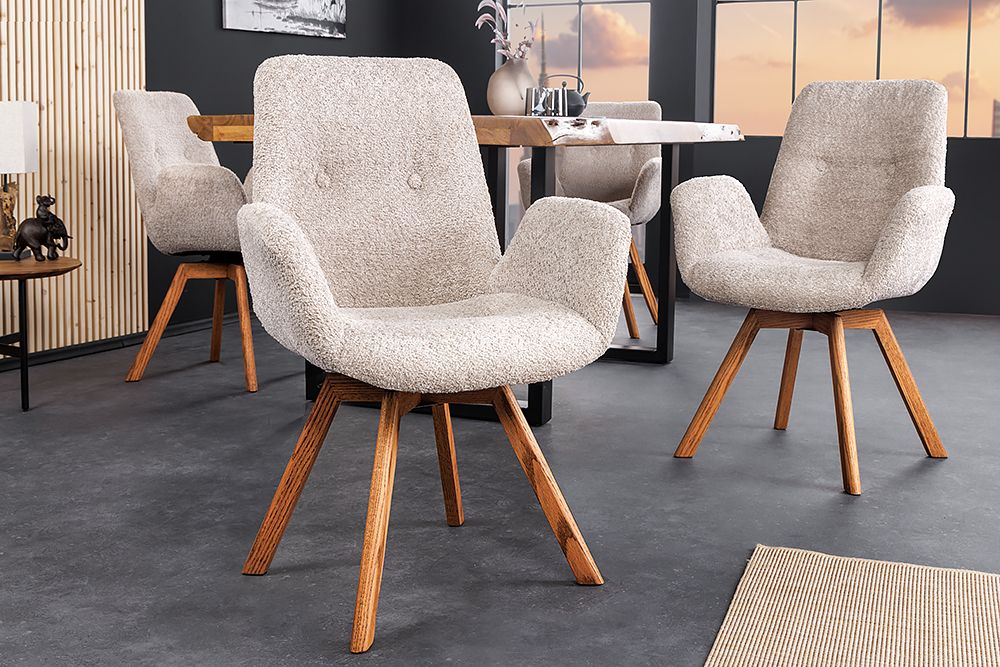 Drehbarer Design Stuhl BALTIC beige Bouclé natur Eiche Massivholz-Beine mit Armlehne