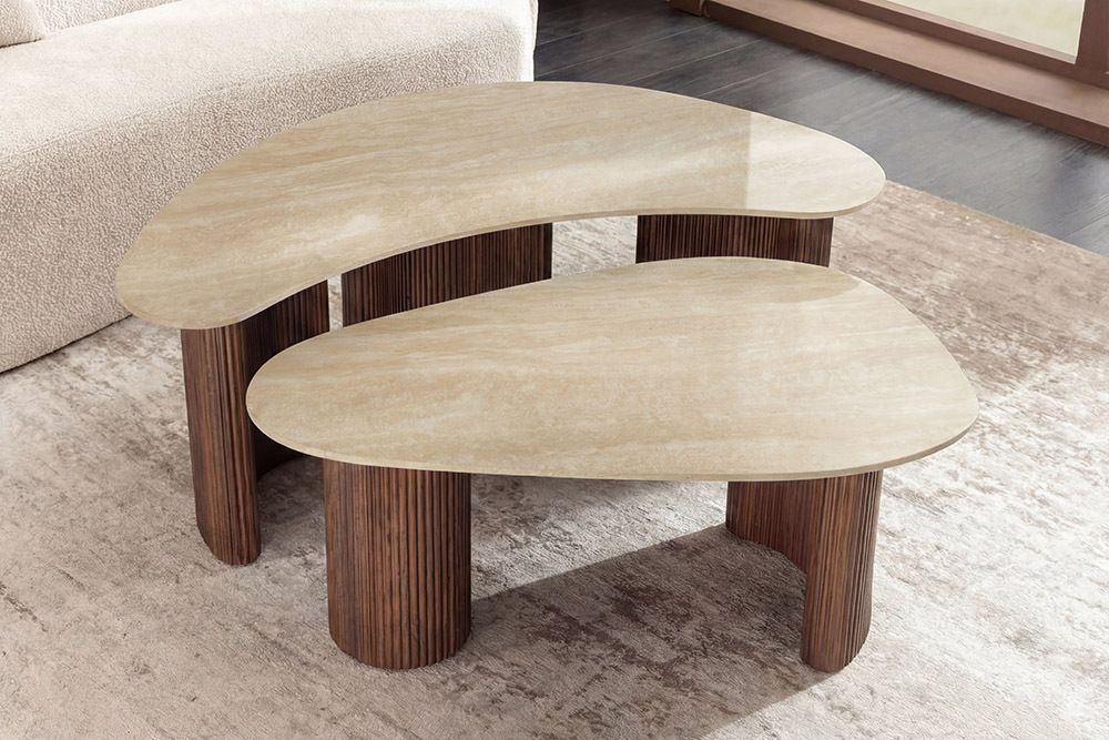 2er Set Couchtische OSAKA 120cm champagner greige Travertin Keramik Walnuss