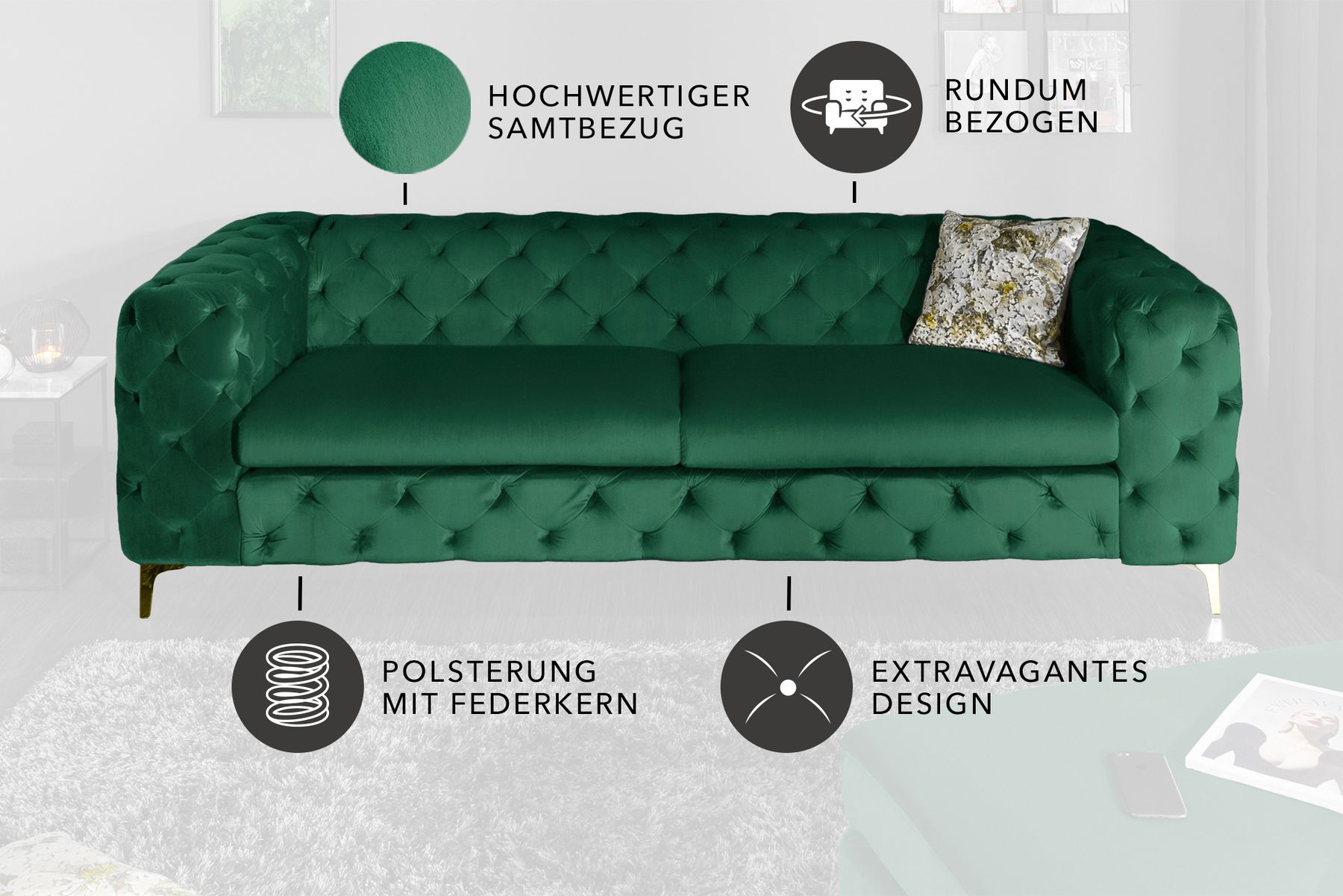 Chesterfield 3-Sitzer Sofa MODERN BAROCK 235cm smaragdgrün Samt Federkern gold Metallfüße