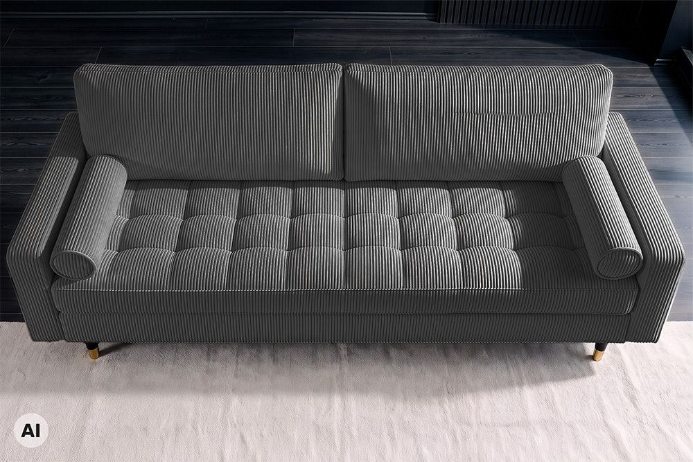 3er Sofa COZY VELVET 220cm grau Cord mit goldener Kappe